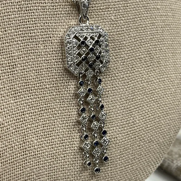 Technibond Platinum Sterling Silver & Blue Sapphire CZ Pendant Necklace - Picture 11 of 17